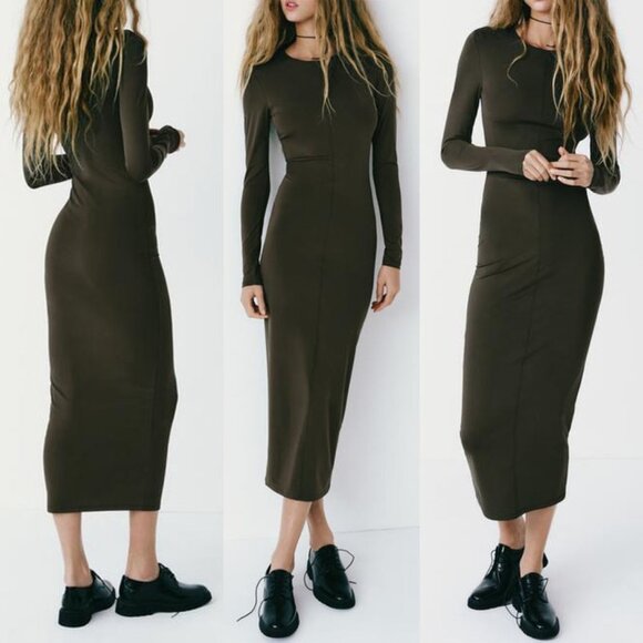 NEW Zara Olive Dark Green Fitted Polyamide Midi Dress S Sleek Stretchy Knit Slim - Picture 3 of 8